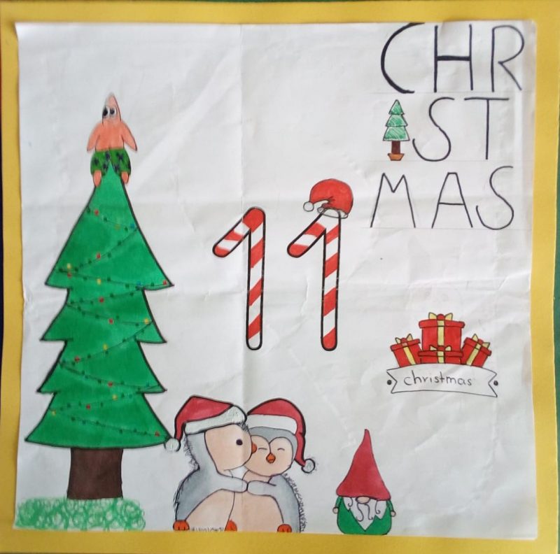 gemaltes Advetsbild Baum, Nikolaus, Schneemann